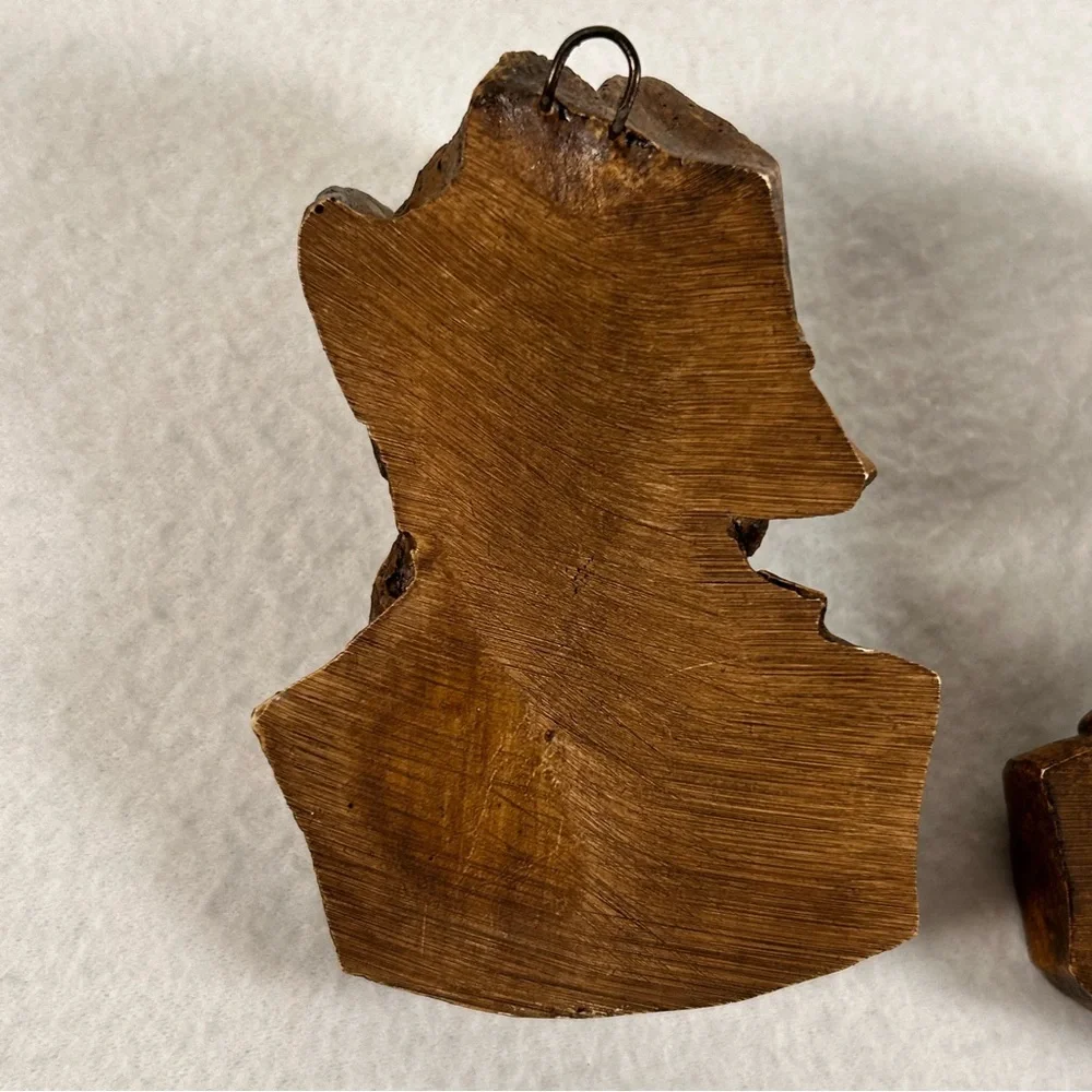 Old Man With Pipe Woman With Scarf  Vintage Faux Carved Wood Wall Hangings